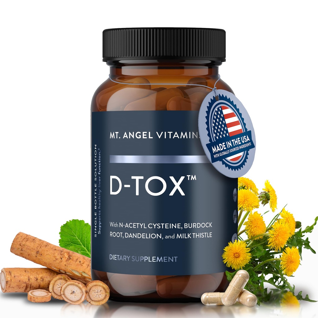 Mt. Angel Vitamins D-Tox - Advanced Liver Cleanse & Detox συμπλήρωμα επισκευής, υποστηρίζει λιπαρό ήπαρ & Ένζυμο μείωση με το γάλα Thestle, NAC, και Dandelion Root - 60 κάψουλες