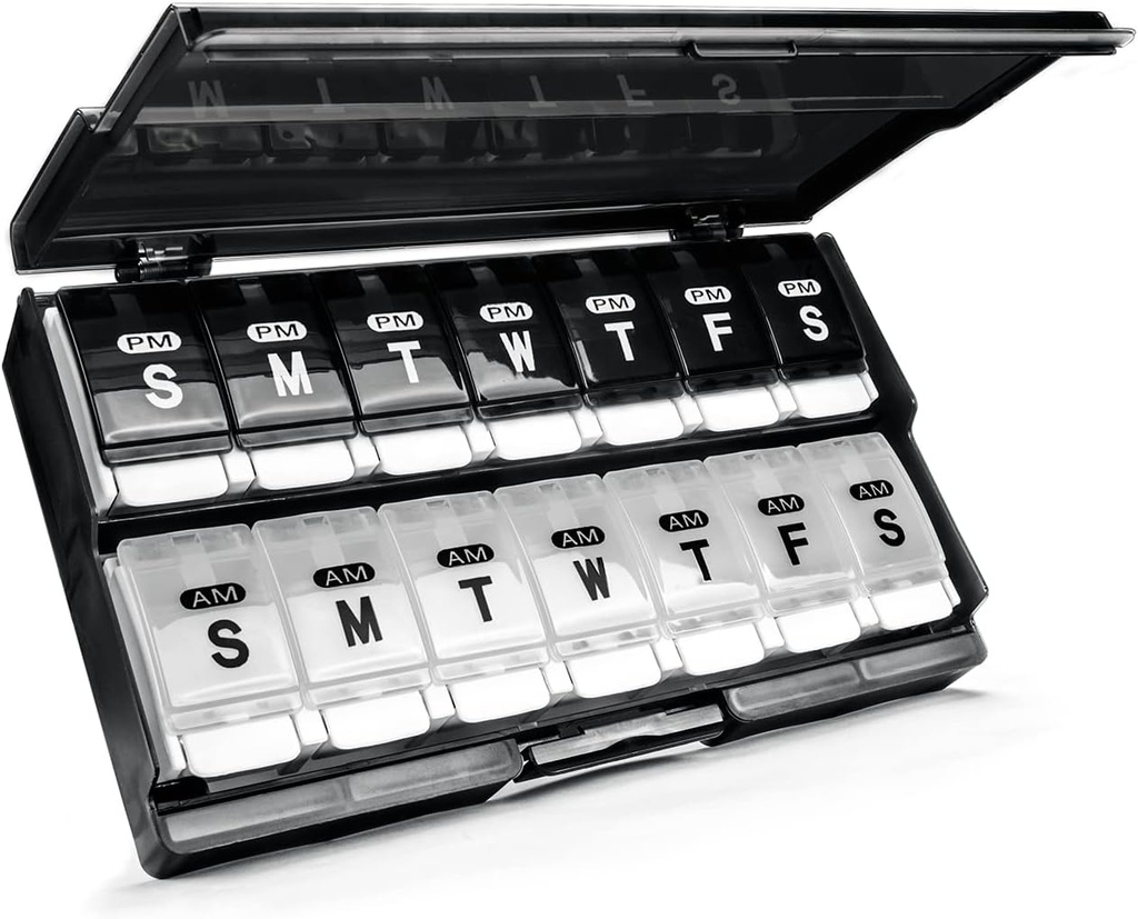 Ekstra Büyük Haftalık Pill Organizer 2 Zaman Bir Gün - Am/Pm Daily Pill Case Medicine Organizer, Push Düğme 7 Day Pill Box for Pills/Vitamin/Cod Liver Oil /Supplements (Black & White)