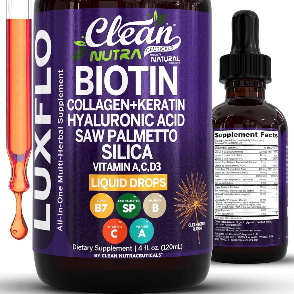 Biotin Liquid Drops Collagen Keratin Hyaluronic Acid Saw Palmetto Saç Skin ve Nails Silica Vitamin A C Vitamin D Wine Turmeric çinko Folate Magnezyum Horsetail LuxGlo Tarafından Clean Nutra