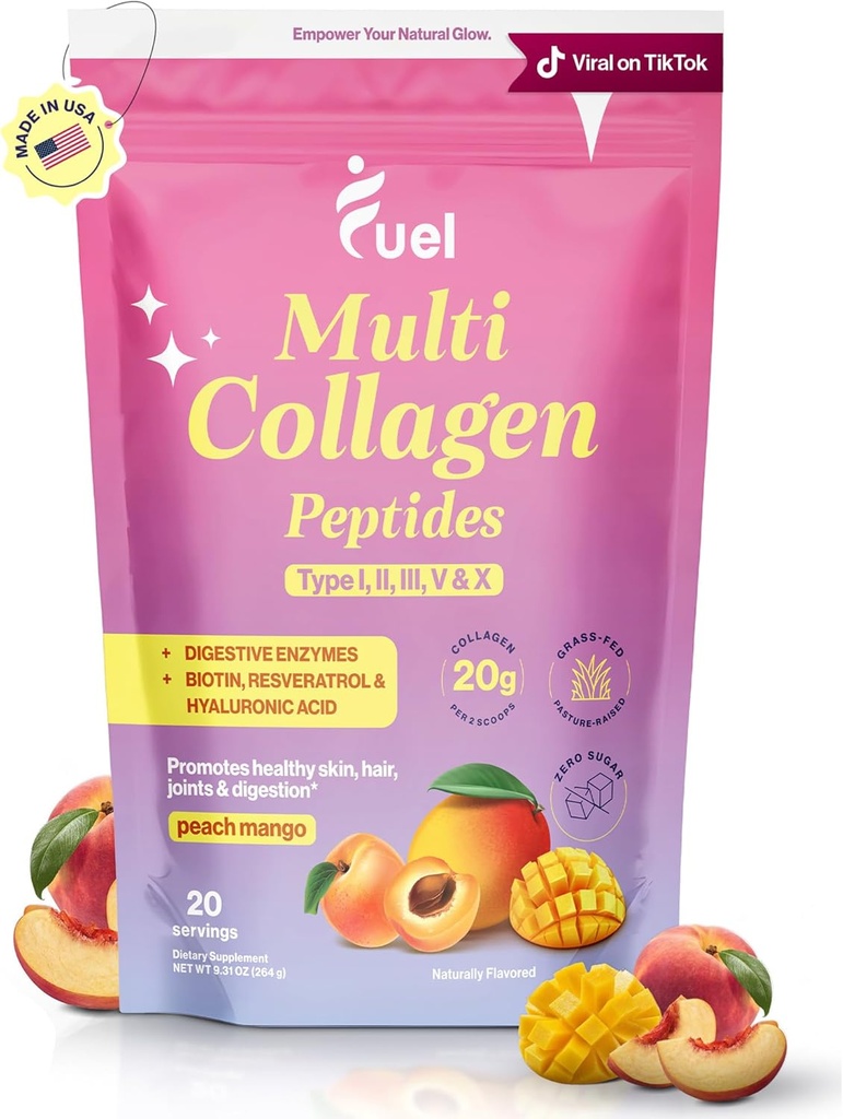 Yakıt Multi Collagen Nail Toz – 20g Hydrolyzed Collagen I, II, III, V & X Saç için, Skin, Nails & Ortak Destek – Daha İyi Absiyon – Keto & Gluten Free, Peach Mango, 9.31oz
