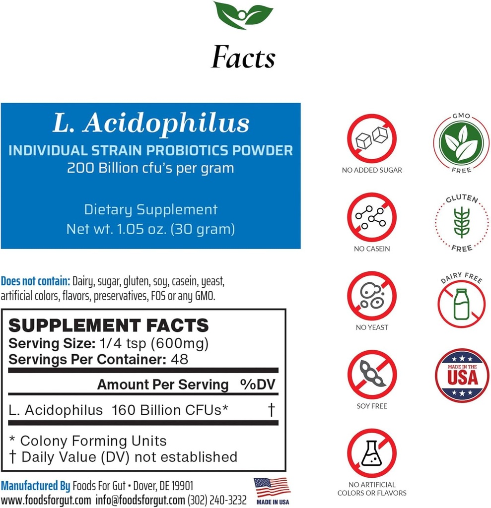 Gut Lactobacillus Acidofilius Probiyotik Toz 200 Milyar cfu'nun | ABD'de Yapılacaklar | Üreticiden Doğrudan | Üçüncü Tarafsız Depolama | Immune Support | 30 Grams (1.05 Oz)