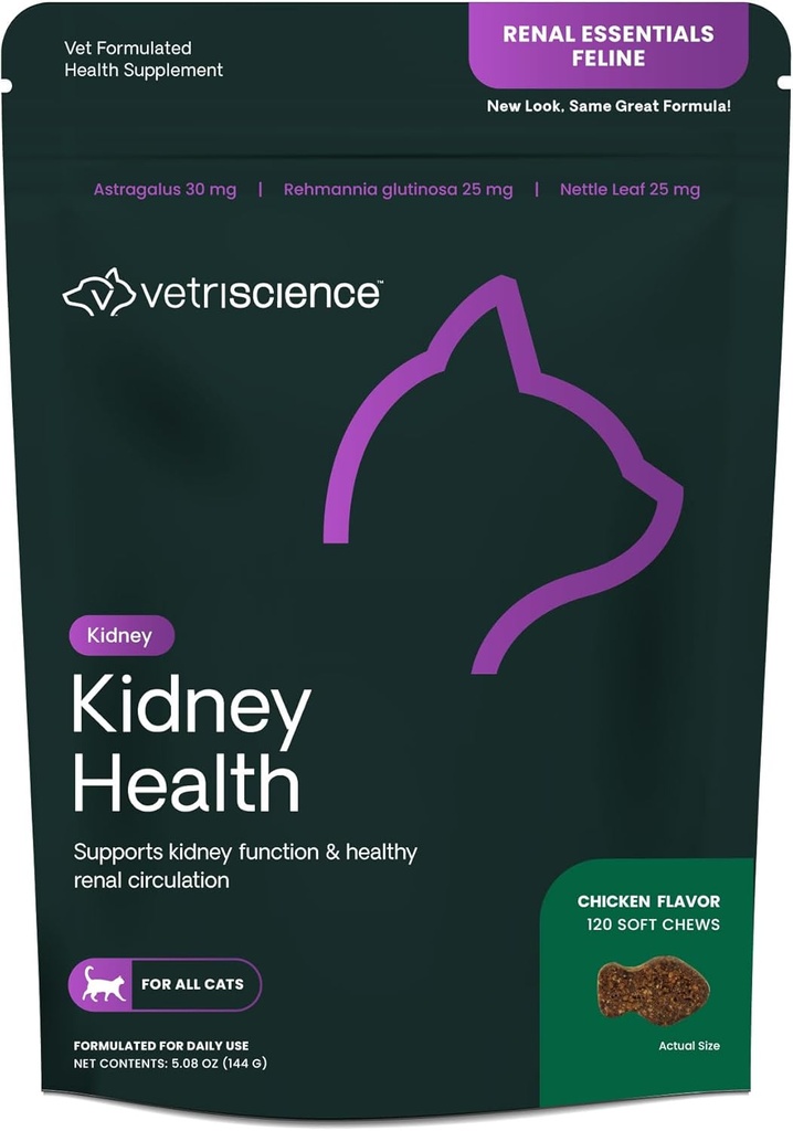 Vetri Science Kidney Health Chews, Renal Essentials Supplement for Cats, Kidney Care and Support with Mushroom, Astragalus Root, Nettle Seed and Herbs, Chicken, 120 Kont
