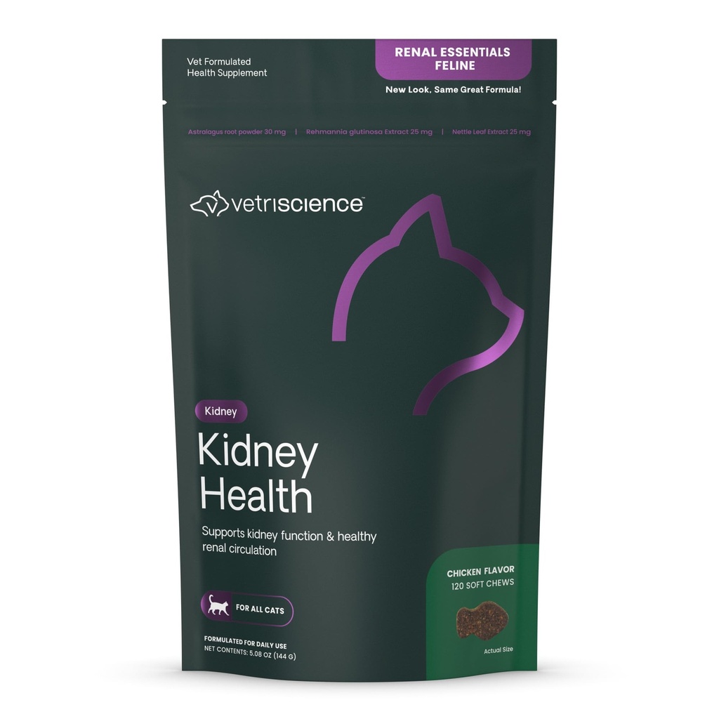 Vetri Science Kidney Health Chews, Renal Essentials Supplement for Cats, Kidney Care and Support with Mushroom, Astragalus Root, Nettle Seed and Herbs, Chicken, 120 Kont