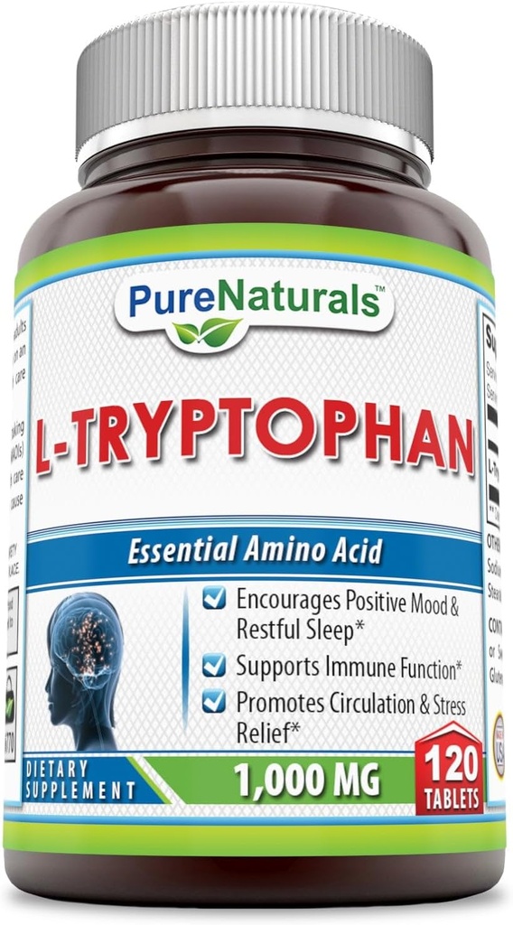 Pure Naturals L-Tryptophan Supplement | 1000 Mg Per | 120 Tablet | Non-GMO | Gluten-Free | Made in USA