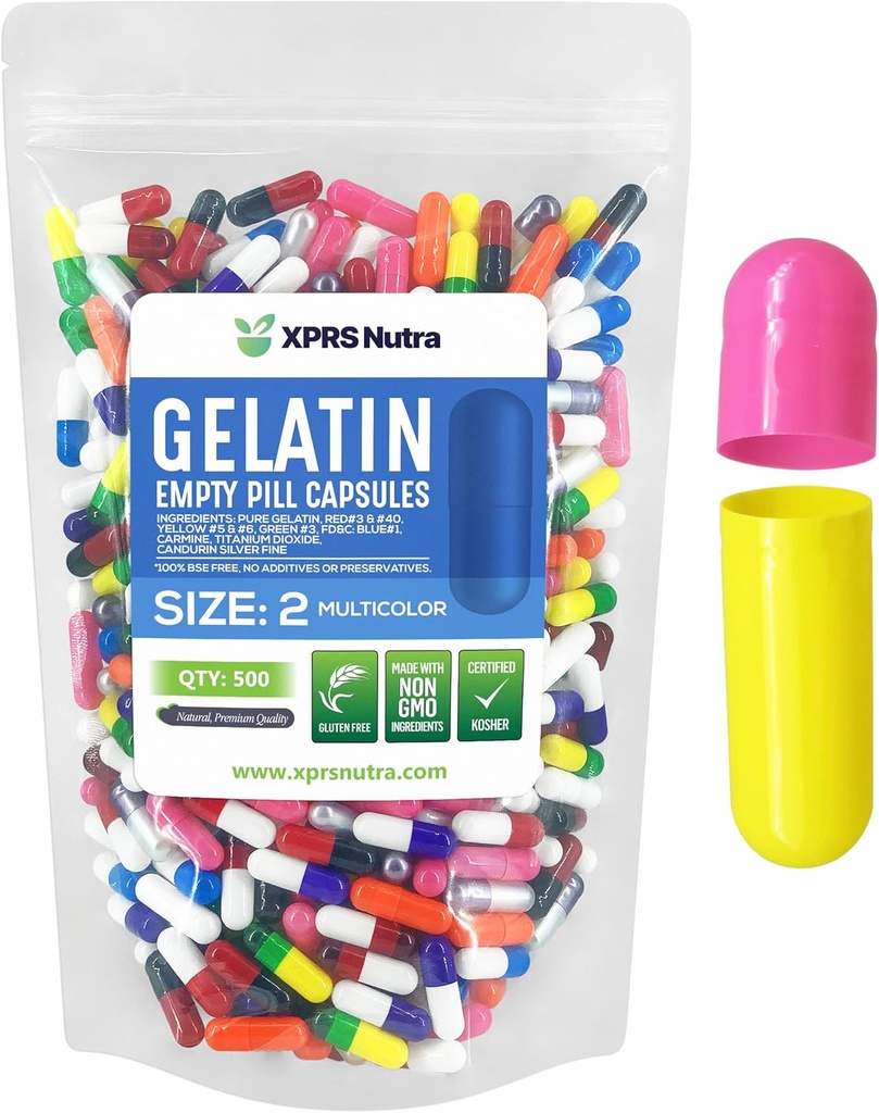 XPRS Nutra Boyutu 2 Boş Kapsüller - 500 Kont Boş Gelatin Capsules - Pills DIY Capsule - Pure Bovine Pill Gel Caps For Do-It- Yourself Supplements (Multi Color)
