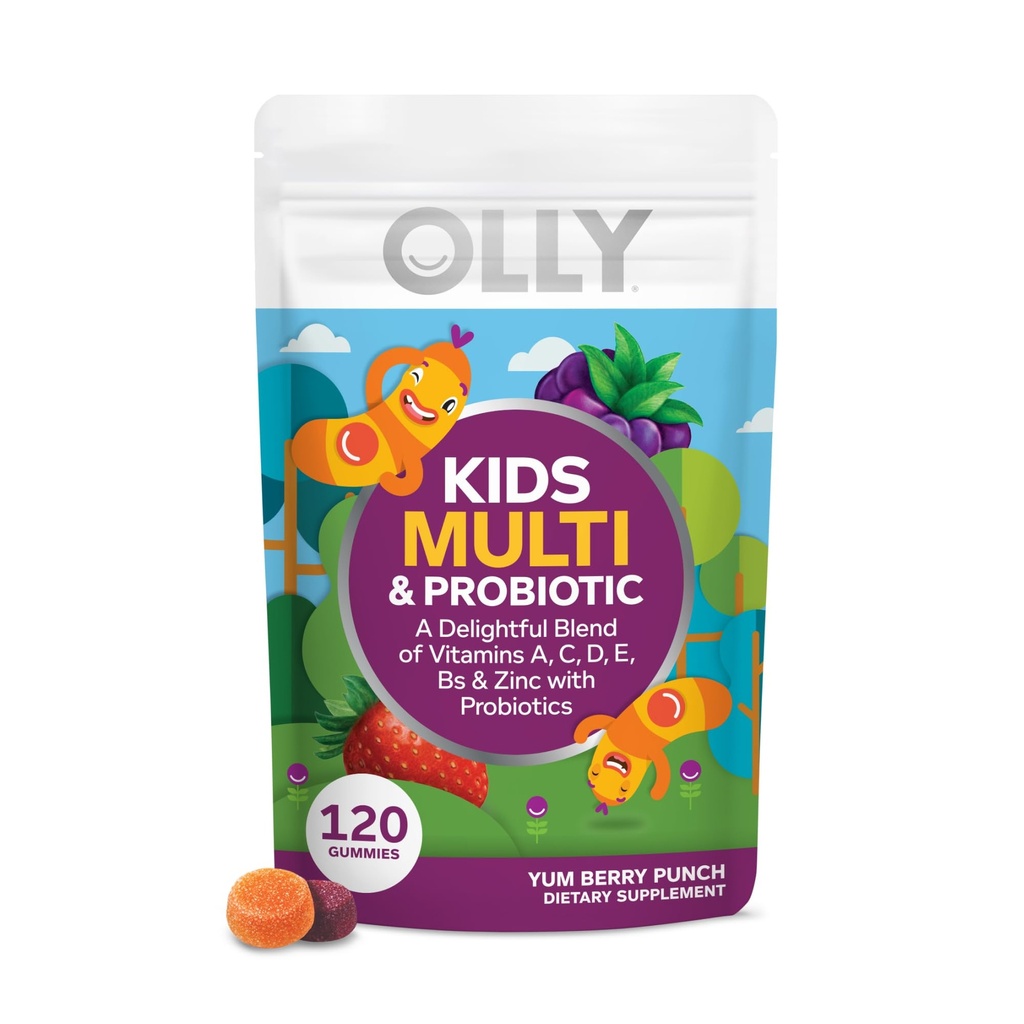 OLLY Kids Multivitamin & Probiyotik Gummy, Digestive Support, Vitamins A, D, C, E, B, çinko, Chewable Supplement, Berry Flavor, 60 günlük tedarik - 120 Sayı