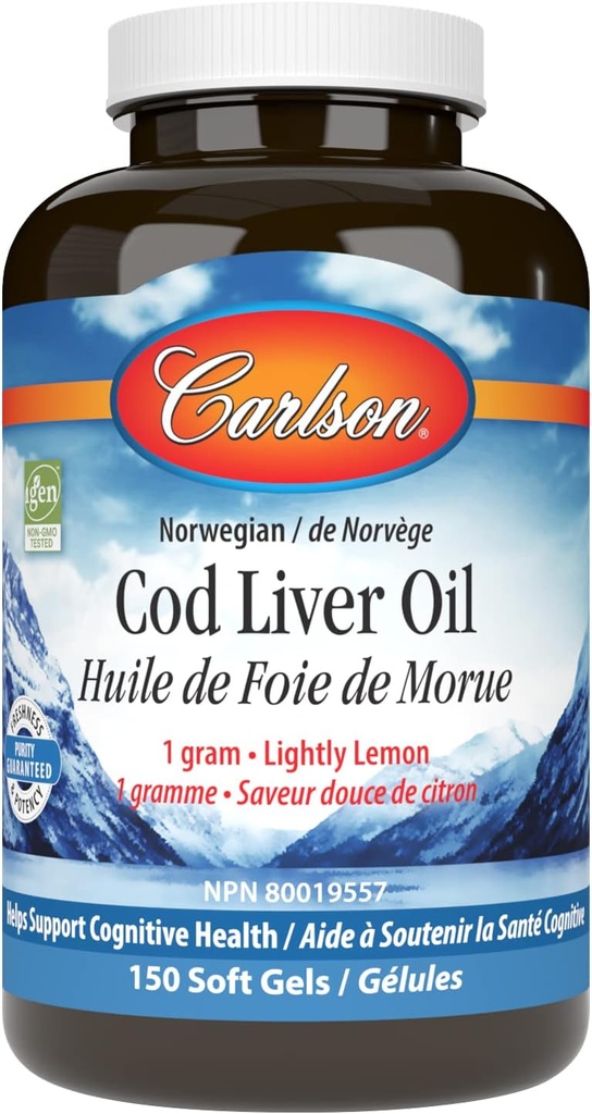 Carlson - Cod Liver Oil Gems, 460 mg Omega-3s + Βιταμίνες A & D3, Wild-Caught Norwegian Arctic Cod-Liver Oil, Sustainablely που προέρχονται Nordic Fish Oil Caps, Lemon, 150 Soft Gels
