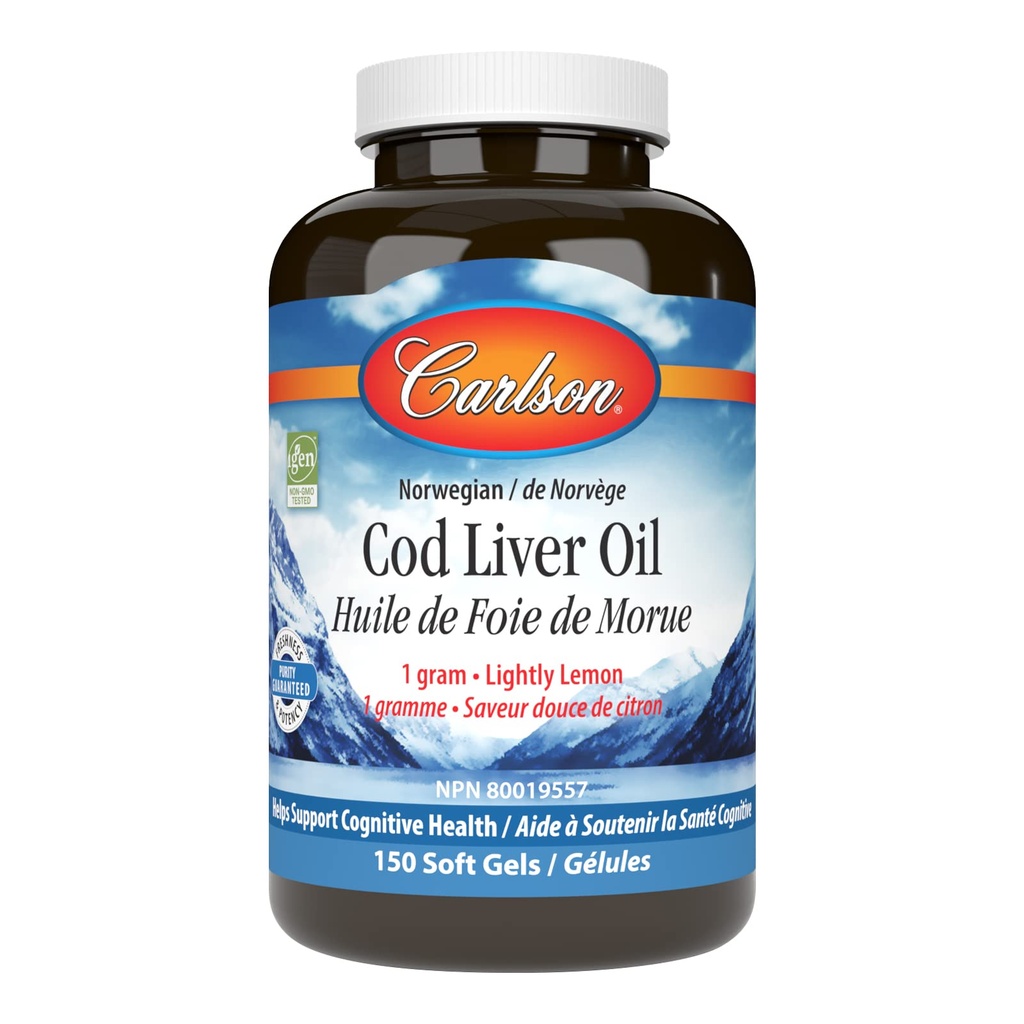 Carlson - Cod Liver Oil Gems, 460 mg Omega-3s + Vitamins A & D3, Wild-Caught Norveç Arctic Cod-Liver Oil, Sustainable Sourced Nordic Fish Oil Capsules, Lemon, 150 Soft Gels