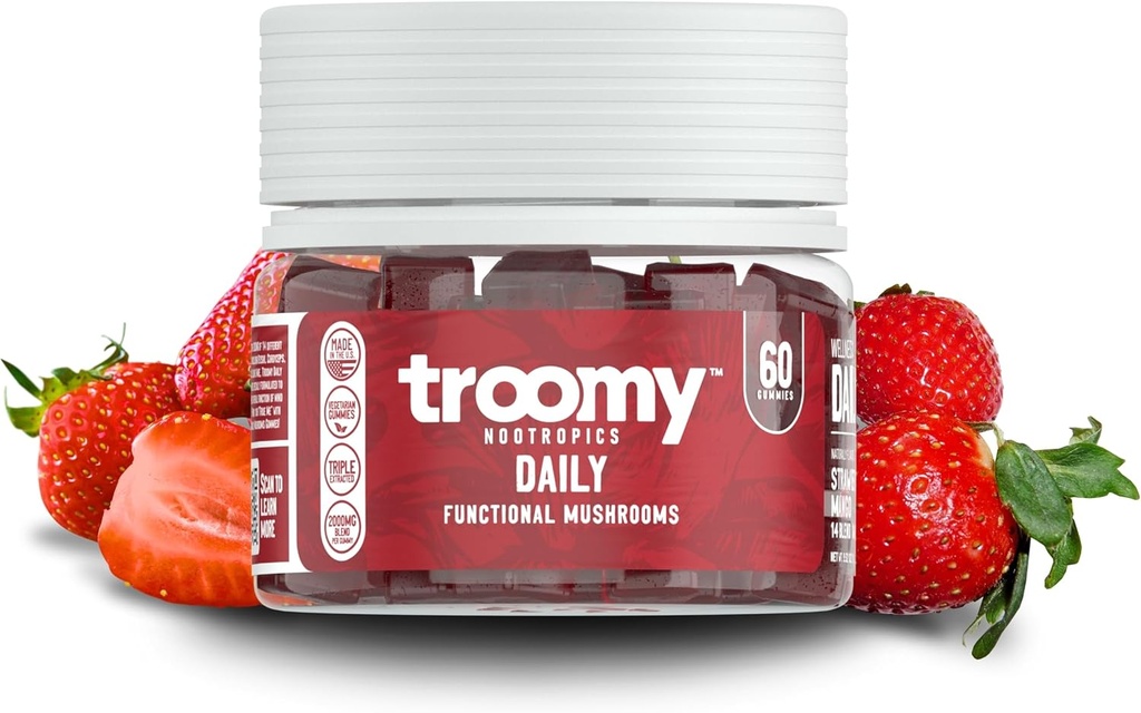 Troomy Daily 14 Mushroom Gloria Gummies - Great Tasting Natural Mango Strawberry Flavor, Gelatin-Free, Gluten-Free, Vegetarian - 60 Count Count Count