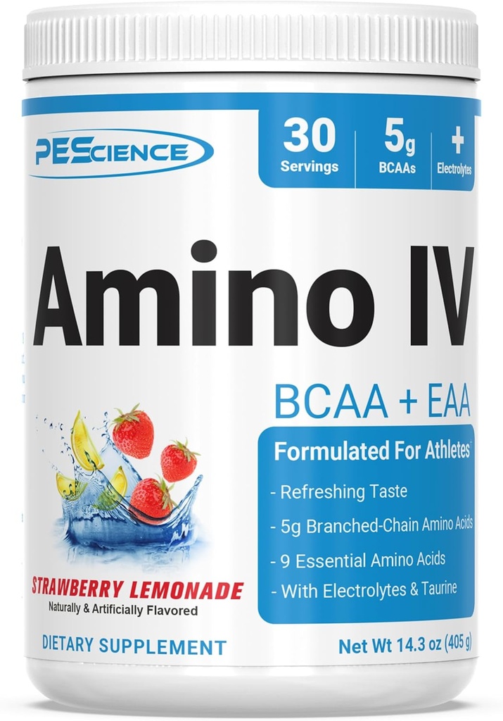 PEScience Amino IV BCAA & EAA Powder, Essential Amino Acids, Taurine, Electrolytes for Hydration and Muscle Recovery, Sugar Free for Men & Women, Post Workout - Strawberry Lemonade - 30 Servings