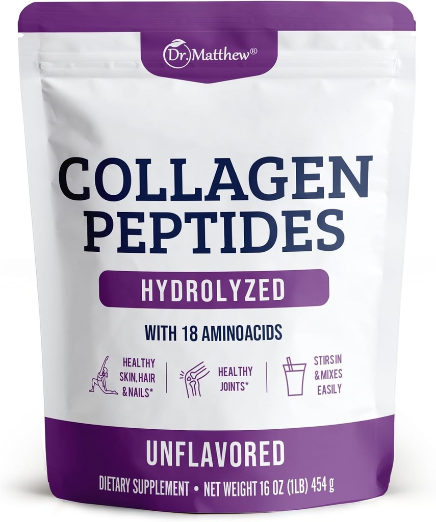 Dr. Matthew Hydrolyzed Collagen, Toz - Saç, Cilt, Ortaklar için Unflavored & Grass Fed Protein Supplement - Non-GMO, Keto-Friendly, Type 1 ve 3, for Women and Men
