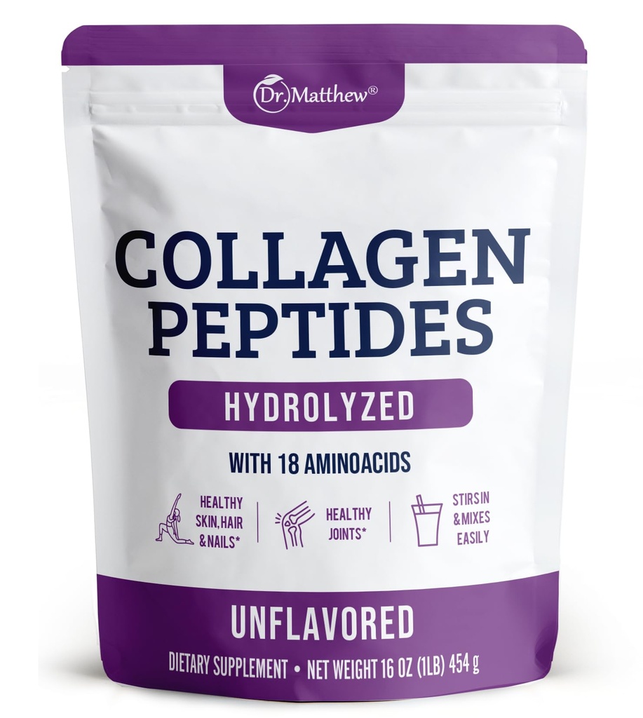 Matthew Hydrolyzed Collagen Peptides σκόνη - Άγευστη & Grass Fed Protein Supplement για τα μαλλιά, το δέρμα, τις αρθρώσεις - μη GMO, Keto-Friendly, Type 1 και 3, για τις γυναίκες και τους άνδρες