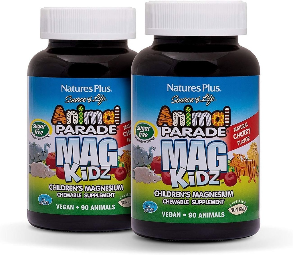 NaturesPlus Animal Parade MagKidz, Natural Cherry Flavor - 90 Animal-Shaped, Chewable Tabletler - 2 Paket - Bone & Muscle Health Support - Non-GMO, Vegan, Gluten Free, Sugar Free - 90 Total Services