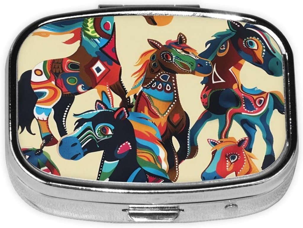Πολύχρωμο Cartoon Horse Printed Square Pill Organizer με 2 διαμερίσματα, Φορητό Mini Pill Box Pill περίπτωση για την ιατρική, βιταμίνη, ιχθυέλαιο, συμπληρώματα