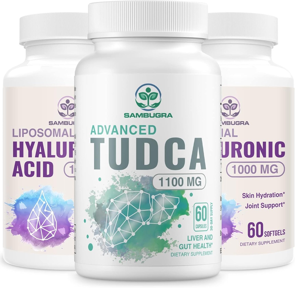 TUDCA Liver 1100 mg ve Liposomal Hyaluronik Asit Supplements 1000 mg, High Bioavailability Supplement (Pack of 3)