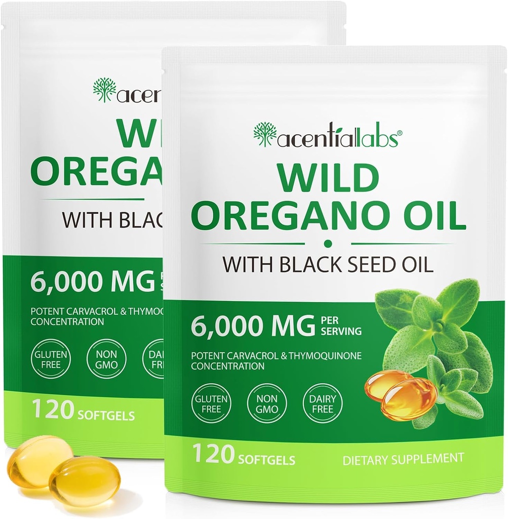 Oregano Softgels 6000 mg 2 Pack, 2 in 1 Formulated with Black Seed Oil 120 Count, Oregano Oil Capsules Organik, Gluten Free Oil of Oregano Softgels, Non-GMO & Immune Support