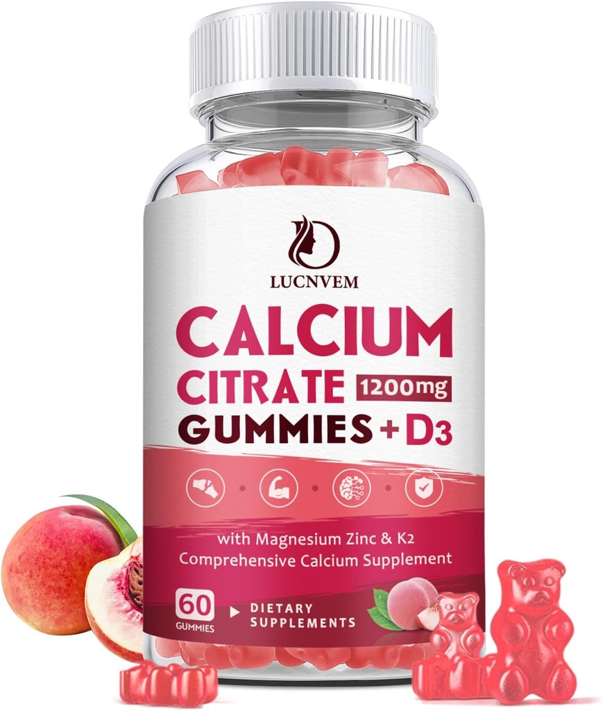D3 Gummies Vitamin D3 ile 1200 mg, Kadınlar ve Erkekler için D3 Vitamin D3 ile, Cal Magnezyum Çinko Kemik Kas Sağlıklı Doğal Beyaz Peach Flavor- 30 Günlük Supply