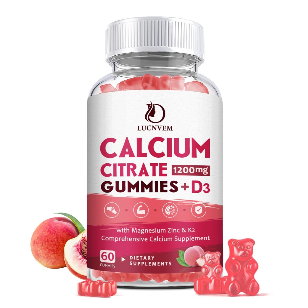 D3 Gummies Vitamin D3 ile 1200 mg, Kadınlar ve Erkekler için D3 Vitamin D3 ile, Cal Magnezyum Çinko Kemik Kas Sağlıklı Doğal Beyaz Peach Flavor- 30 Günlük Supply