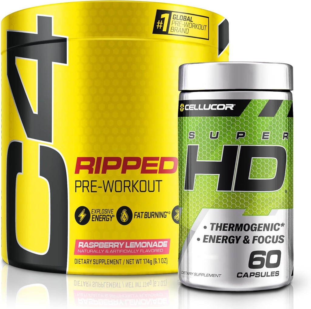 C4 Ripped & SuperHD, The Thermogenic Sche, C4 Ripped Pre Workout Toz, Raspberry Lemonade 30 Capsimax ve Green Tea Extract ile + SuperHD, 60 Servisler