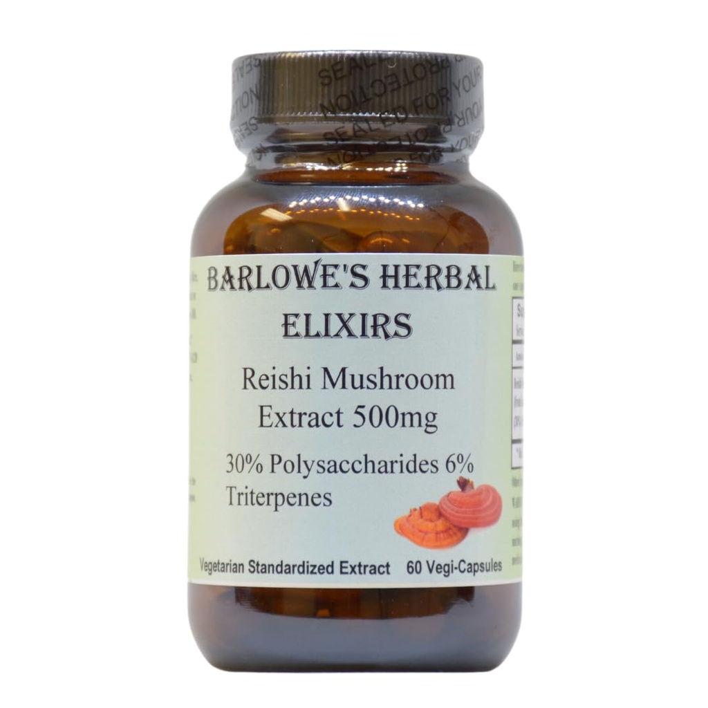 Barlowe's Herbal Elixirs Reishi Mushroom Extract Supplement | Red Reishi | Ganoderma Lucidum |% 30 Polysaccharides|% 6 Triterpenes | 500 mg | 60 Veggie Capsules