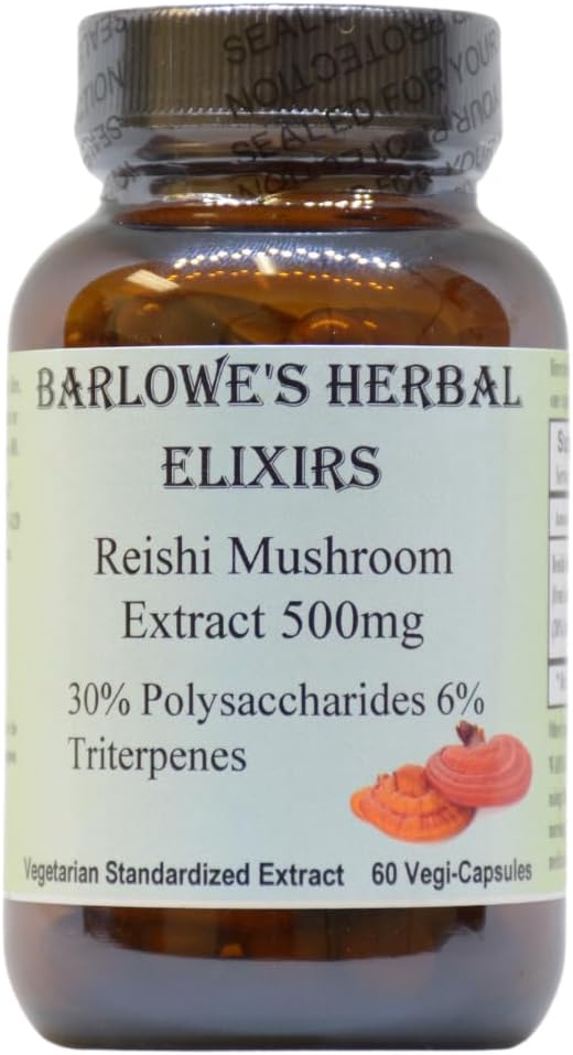 Barlowe's Herbal Elixirs Reishi Mushroom Extract Supplement | Red Reishi | Ganoderma Lucidum |% 30 Polysaccharides|% 6 Triterpenes | 500 mg | 60 Veggie Capsules