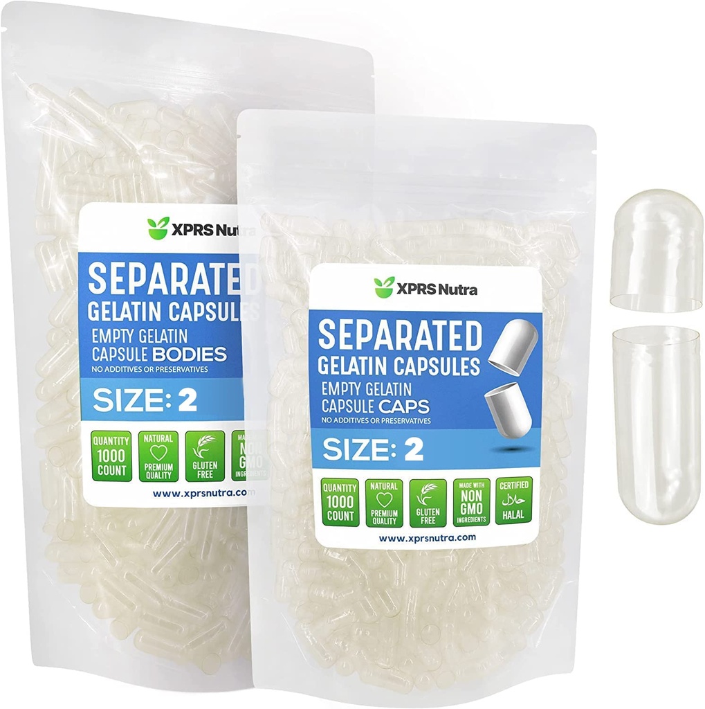 XPRS Nutra Gelatin Μέγεθος 2 Χωριστές κάψουλες - 1000 μετρητές κενές κάψουλες χωρίζονται σε τσάντες - μέγεθος 2 χάπια Ζελατίνης Κενά για συμπλήρωμα DIY πλήρωσης