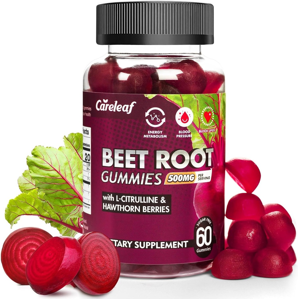 Şeker Free Vegan Beet Root Gummies for Blood Pressure, Beetroot Gummies with L-Citrulline and Hawthorn Extract, Peach Flavor Beet Chews for High Blood Pressure, 60 Count