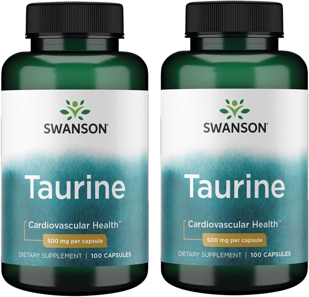 Swanson Taurine - Enerji Üretimi ve Elektrolyte Dengeyi Geliştirmek - Doğal Formula Kalp Sağlığı ve Wellness - (100 Capsules, 500 mg Her) (2 Pack)