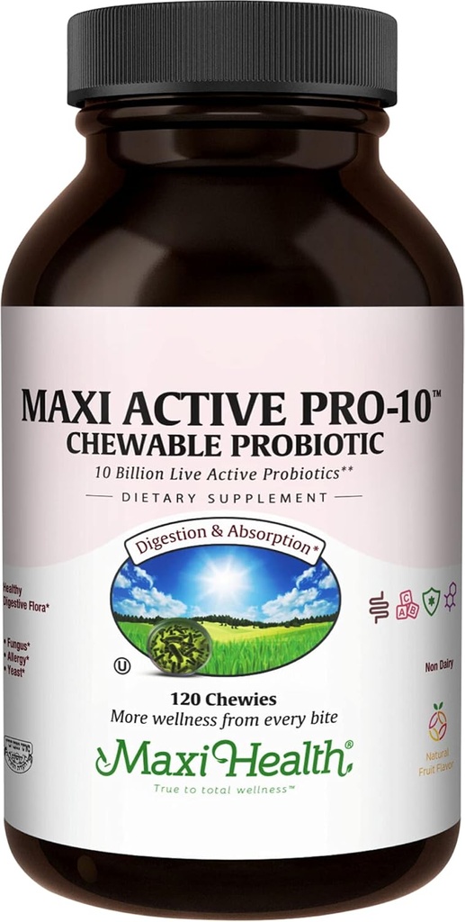 Maxi Health Active Pro-10 Kids Probiyotik Chewables – 15 Strains for Digestive & Immune Health – 10 Milyar probiyotik DNA- Dairy-Free, Kosher – Supports Gut Health, Vegetarian – 60 ct (Shelf Stable)
