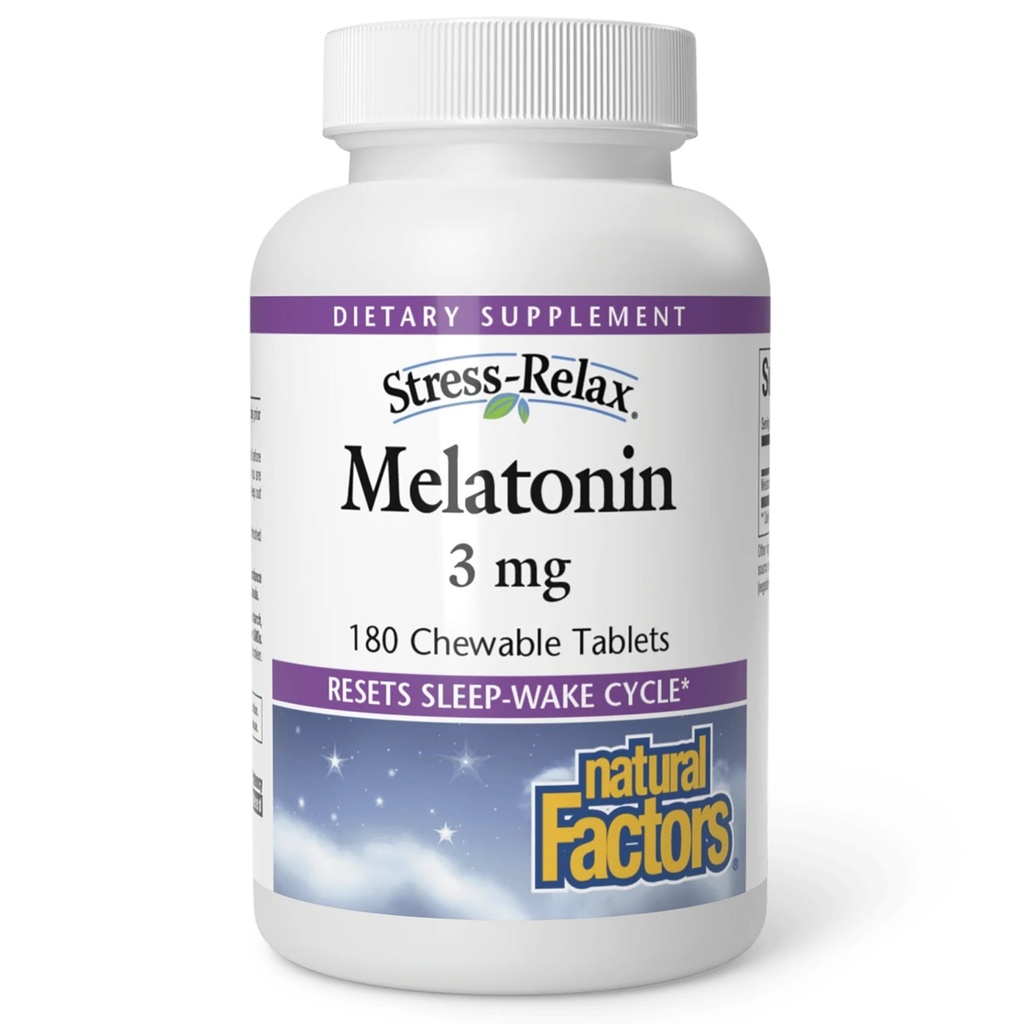 Stres-Relax Melatonin 3 mg Doğal Faktörler, Doğal Uyku Yardımı, Uyku-Wake Çevrimi, 180 çiğnebilir tabletler (180 hizmet), Peppermint Flavor