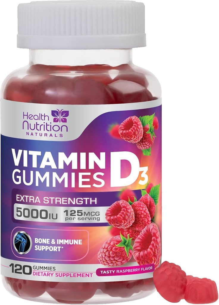 D3 Vitamini 5000 İ (125 mcg) - Triple Strength Bone ve Immune Support, D Gummy Diyetary Supplement, Nature's Berry D Vitamin Supplement, Raspberry Flavored, Non-GMO - 120 Gummies