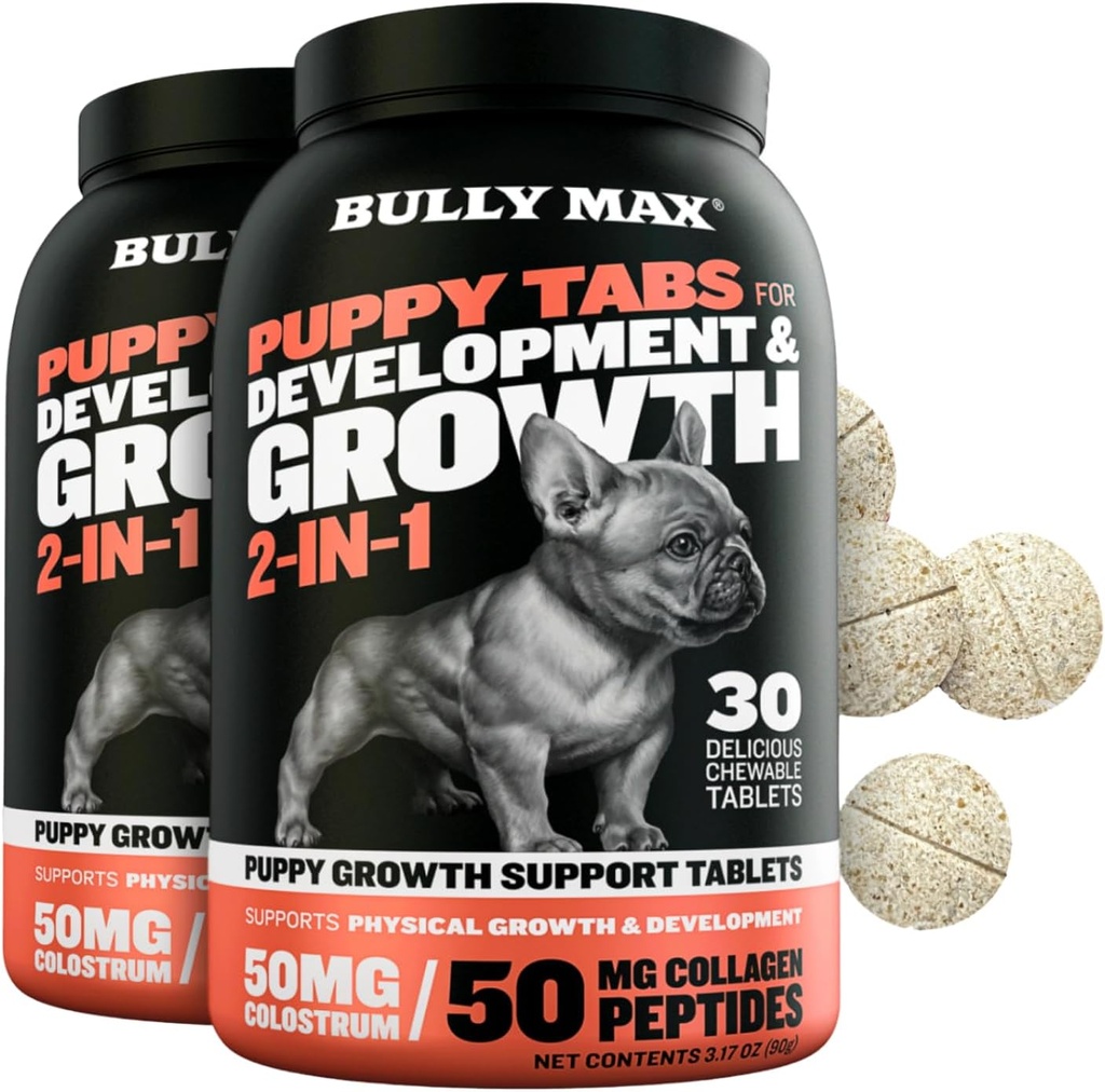 Bully Max 2in-1 Puppy Vitamins - 30 Chewable Tabletler Büyüme ve Puppilerin Gelişimi - Çokvitamin Tedavileri ve Temel Köpek Tamamları Küçük Köpekler ve Büyük Breed Büyüleri - 2 Şişeler