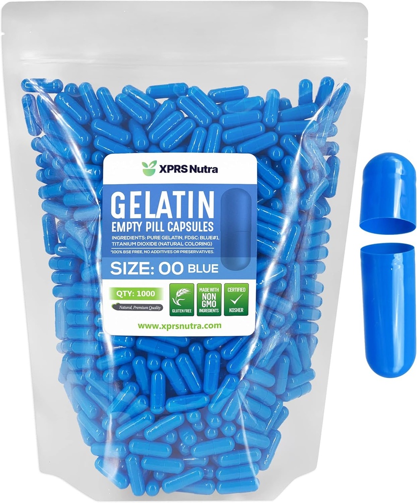 XPRS Nutra Μέγεθος 00 Κενές κάψουλες - 1000 Count Empty Gelatin Κάψουλες - Χάπια DIY Καψάκιο Γέμισμα - Γεμιστά καπάκια Gel για Do-It-Yourself Συμπληρώματα (μπλε)