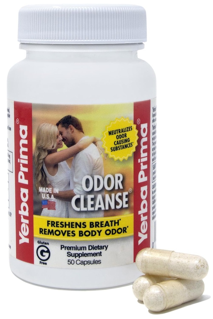 Yerba Prima Odor Cleanse 50 Capsules - Supports Reduction of Body Odor BO and Fresh Breathe - Reduce Garlic Smells Patented Mushroom Extract