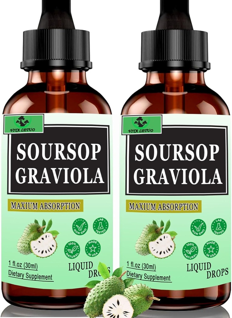 (2 Pack) Βιολογικές σταγόνες υγρού Soursop, 2000mg εκχύλισμα φύλλων Soursop Graviola για ανοσοποιητική, πεπτική υποστήριξη & αντιοξειδωτικό, Vegan Soursop Bitters Υγρό για γυναίκες άνδρες