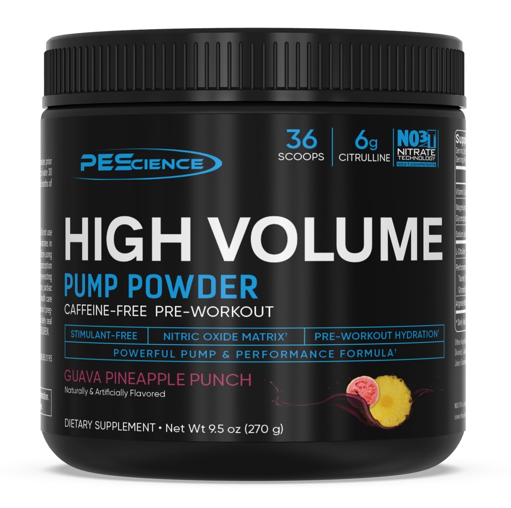 PE Science High Volume Stim-Free Pre Workout Pump Toz, Nitric Hoffman ile L Citrulline & L Arginine Nitrate, Non-Stim Preworkout for Men and Women, 36 Scoops, Guava Pineapple