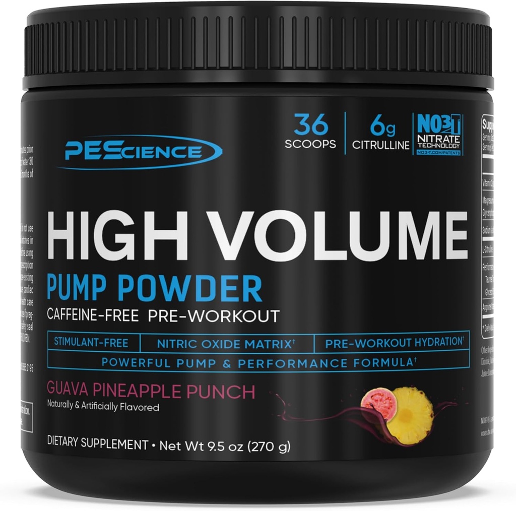 PEScience High Volume Stim-Free Προπόνηση Powder, Nitric Oxide Booster με L Citrulline & L Arginine Nitrate, Non-Stim Preworkout για άνδρες και γυναίκες, 36 Scoops, Guava Punch Ανανάς