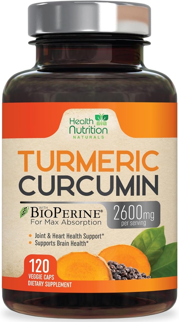 Turmeric Curcumin Supplement 2600mg - 95% Κουρκουμινοειδή με Βιολογικό Κουρκουμικό & BioPerine Μαύρο Πιπέρι για την Καλύτερη Απορρόφηση, Vegan Κοινή Υποστήριξη της Φύσης, Μη-GMO Tumeric, Εμφιαλωμένο στις ΗΠΑ - 120 Κάψουλες