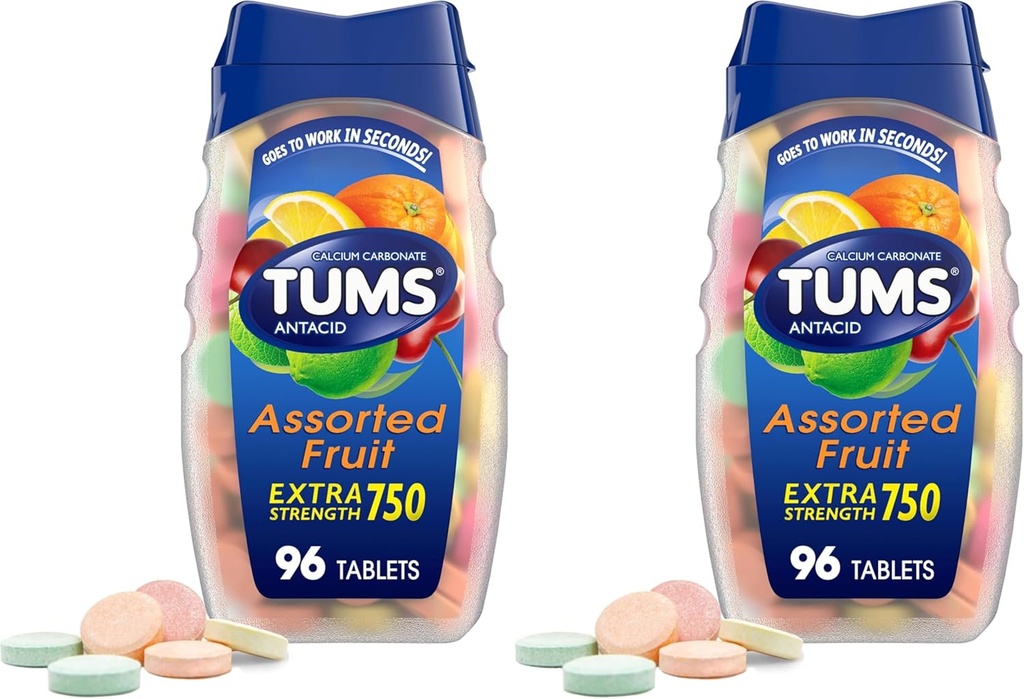 TUMS Extra Strength Antacid Tablets for Chewable Heartburn Relief and Acid Indigetion Relief, Ποικιλία Fruit Flavors - 96 Count (Pack of 2)