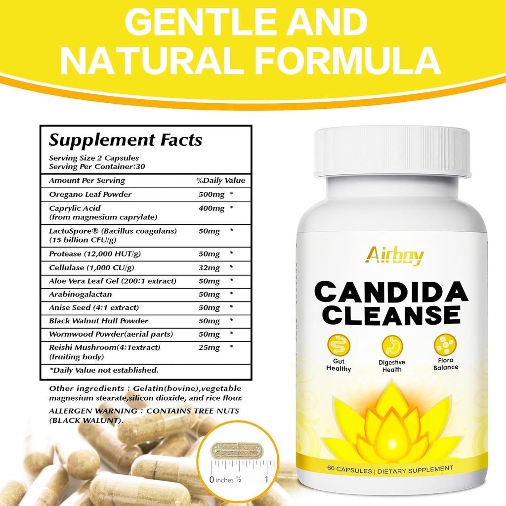 Airboy Candida Cleanse, Gut Colon Cleanse Detox για γυναίκες & άνδρες, Candi Υποστήριξη με φύλλα Orγανης, Caprylic Acid, Wormwood, Black Walnut-60 Counts