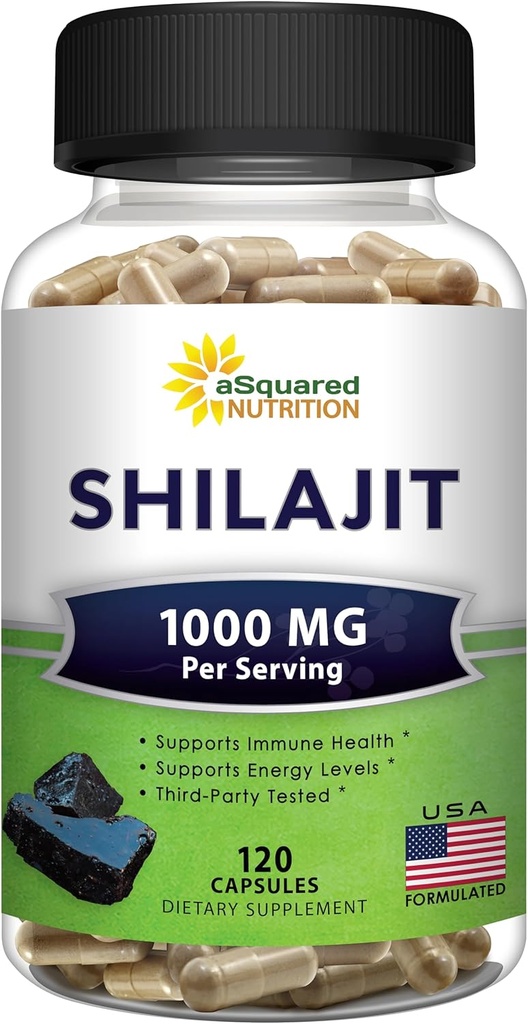 ASquared Beslenme Shilajit 1000 mg - 120 Capsules - Pure Shilajit Ekstraksiyon Tamam ve Toz Kompleksi - Doğal Humic & Fulvic Acid & Trace Minerals - Alternatif To Wear & Drops