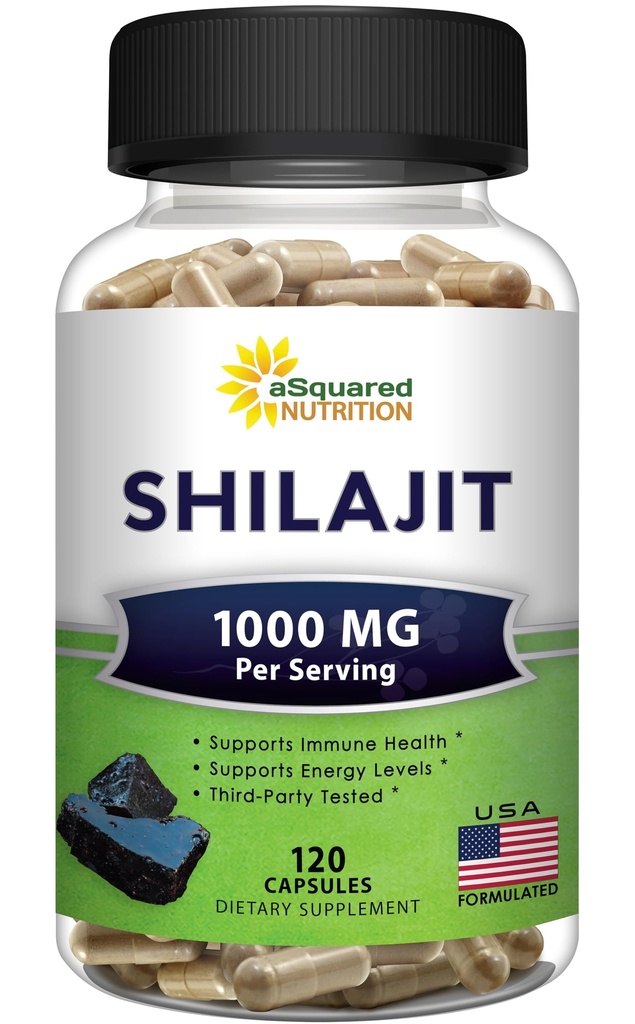 aSquared Nutrition Shilajit 1000mg - 120 Capsules - Pure Shilajit Extract Supplement and Powder Complex Pills - Natural Humic & Fulvic Acid & Trace Minerals - Alternative to Resin & Drops