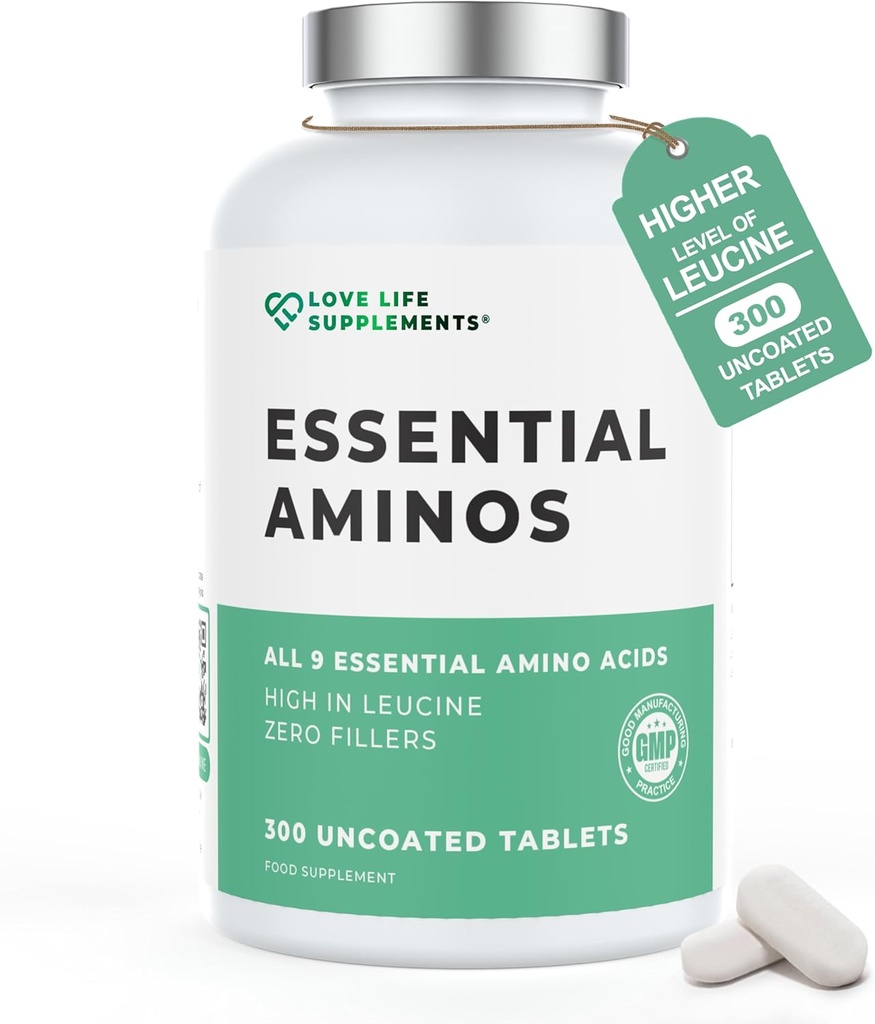 Essential Asitler - 300 Swallow Tabletleri / 60 Hizmetler - Tüm 9 EAA Amino Asitleri Tüm 3 BCAA Plus 6 More EAAs to Build and Tamir Muscle, 5-10g per Service, High in Leucine and Vegan