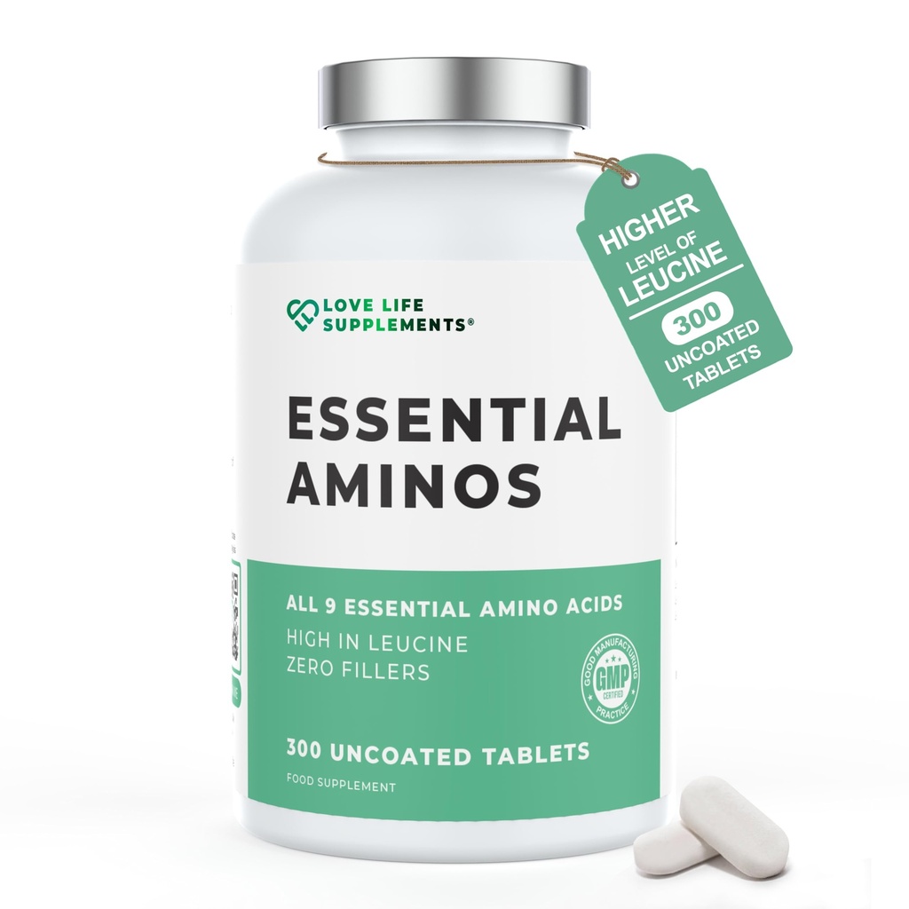 Essential Asitler - 300 Swallow Tabletleri / 60 Hizmetler - Tüm 9 EAA Amino Asitleri Tüm 3 BCAA Plus 6 More EAAs to Build and Tamir Muscle, 5-10g per Service, High in Leucine and Vegan
