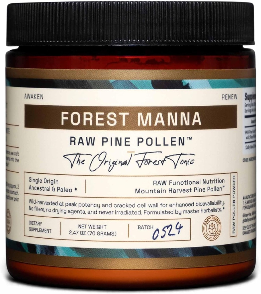 Forest Manna RAW Pine Pollen Powder – Προσαρμοσμένη Λειτουργική Διατροφή – Μονογενής Γύρη Pine Vegan, Χωρίς Γλουτένη, & Μη ΓΤΟ – 70 Gram Jar