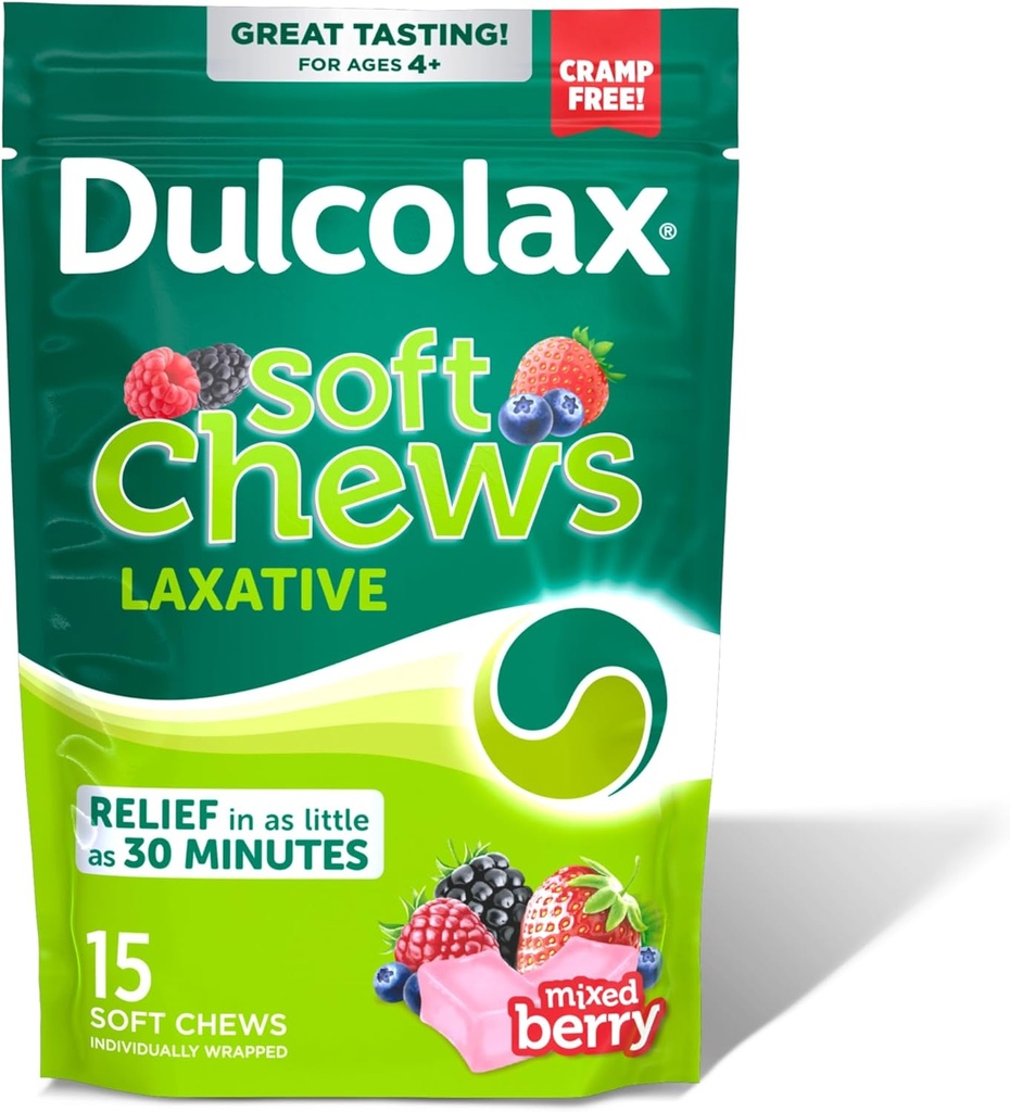 Dulcolax Saline Laxative Soft Chews, Gentle Constipation Relief, Karma Berry Flavor, Magnezyum Hydroxide 1200 mg, 15 Count