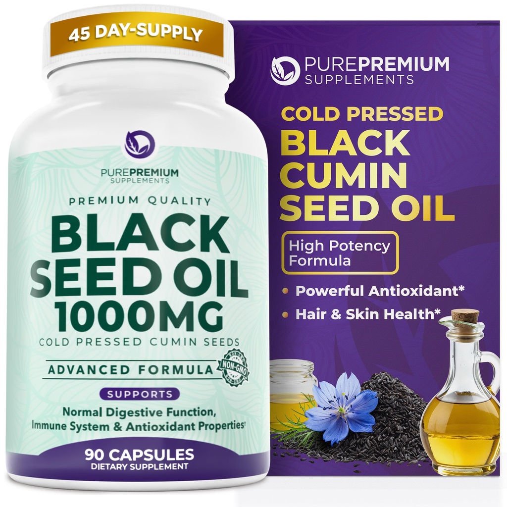 PurePremium Black Seed Oil 500 mg - Organik Nigella Sativa Tohumları, Soğuk Basınlı Siyah Cumin Yağı - Erkekler / Kadınlar için Saç/Skin Supplement 90 Capsules /