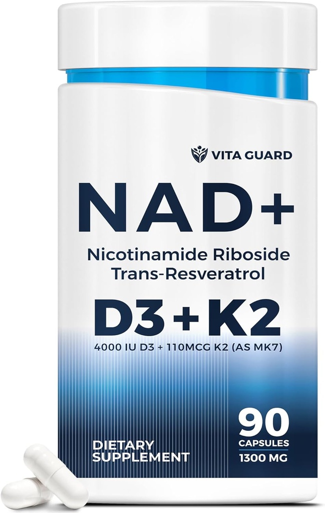 Anti-Aging Energy NAD Supplement – NMN Alternative with Nicotinamid Riboside 1000 mg, Trans-Resveratrol 300 mg, Vitamin D3 4000 IU ve K2 110 mcg MK7 – Vegetarian 60 Capsules, 1300 mg