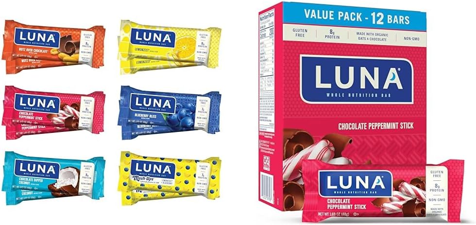 LUNA Bar Diversity Pack (12 Count) + Chocolate Peppermint Stick (12 Pack) - Gluten-Free Snack Bars