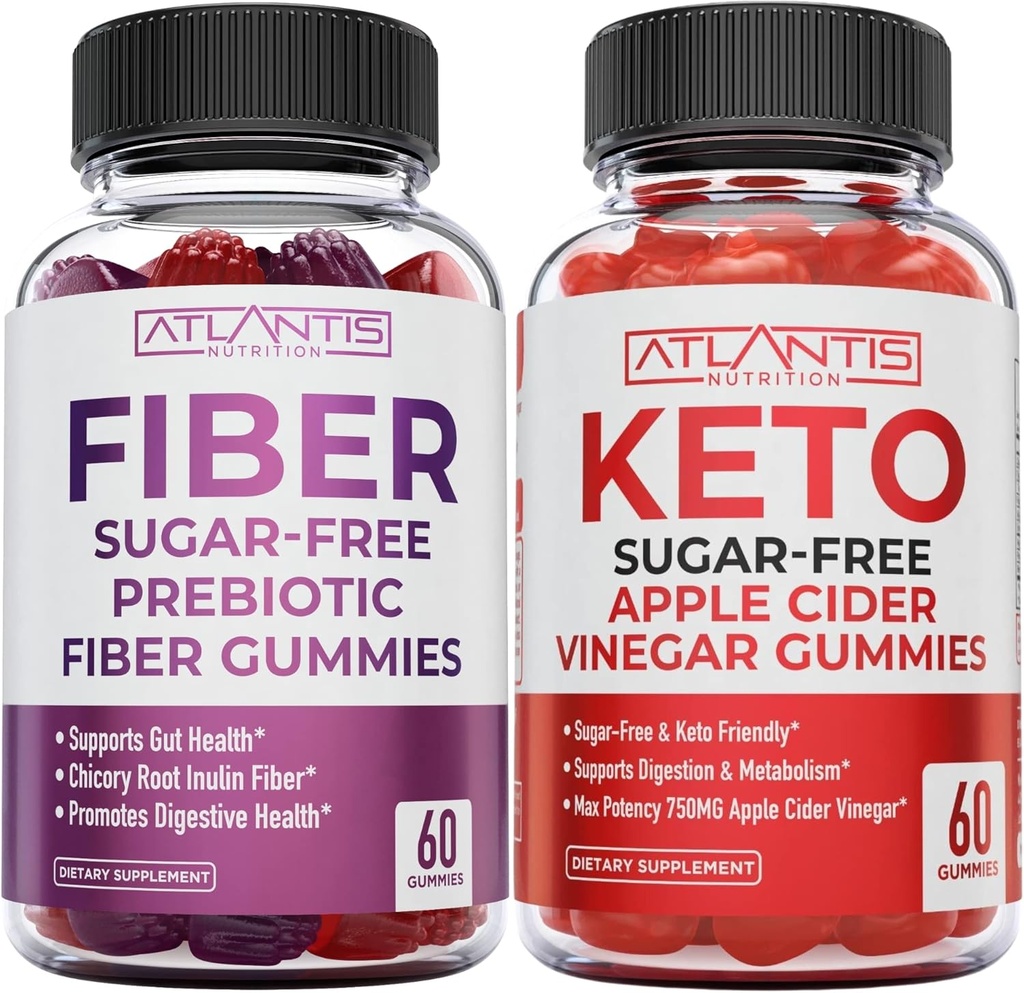 Atlantis Nutrition Sugar Free Prebiotic Fiber Gummies for Adults 2-Pack (120 Gummies) + Sugar Free Keto Apple Cider Vinegar 60 Gummies